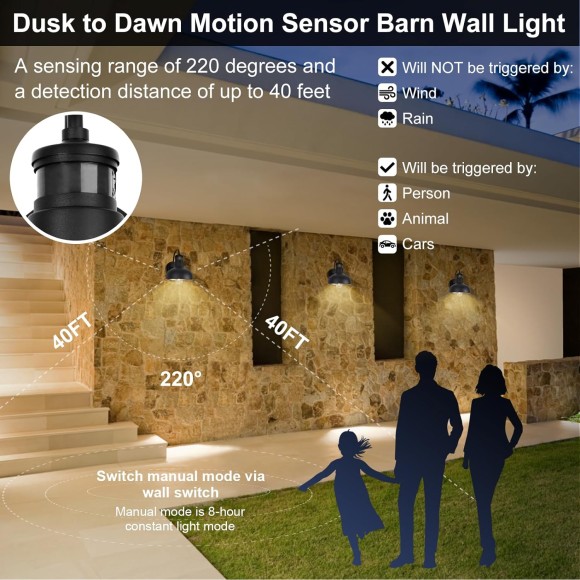 Motion Sensor Gooseneck Light with 12 Inch Dome, Outdoor Barn Style Lights for Farm House, 2 Pack Exterior Motion Wall Lighting, Black and Gold Wall Sconce for Garage Door
