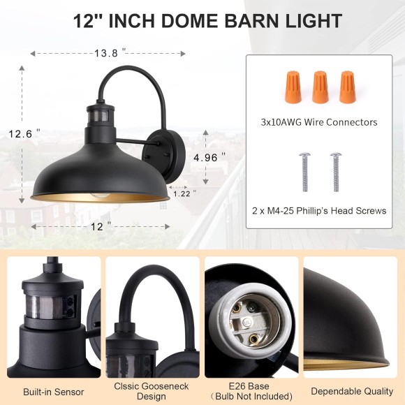 Motion Sensor Gooseneck Light with 12 Inch Dome, Outdoor Barn Style Lights for Farm House, 2 Pack Exterior Motion Wall Lighting, Black and Gold Wall Sconce for Garage Door