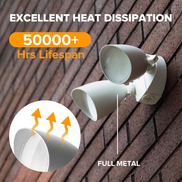 2-Packs 2500 Lumen 32 Watt 28 LED Dual-Head Floodlight Outdoor, Full Metal Design, Waterproof Exterior Security Wall Light for Patio, Garden, Yard-White