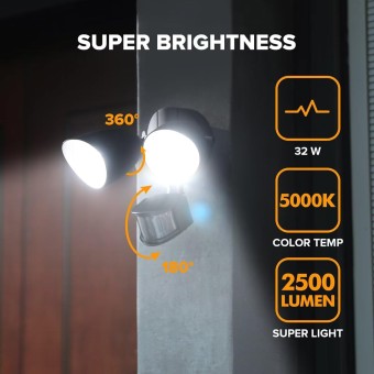 2 Pack 32W 2500 Lumen LED Security Lights Motion Sensor Light Outdoor, 5000K Daylight, IP54 Waterproof, Dusk to Dawn, Motion Detector Flood Light for Garage, Yard, Porch-Black
