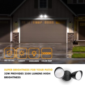 2-Packs 2500 Lumen 32 Watt 28 LED Dual-Head Floodlight Outdoor, Full Metal Design, Waterproof Exterior Security Wall Light 5000K for Patio, Garden, Yard-Black