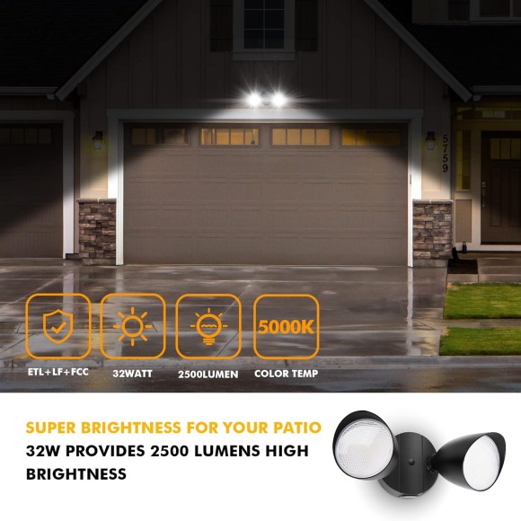 2-Packs 2500 Lumen 32 Watt 28 LED Dual-Head Floodlight Outdoor, Full Metal Design, Waterproof Exterior Security Wall Light 5000K for Patio, Garden, Yard-Black
