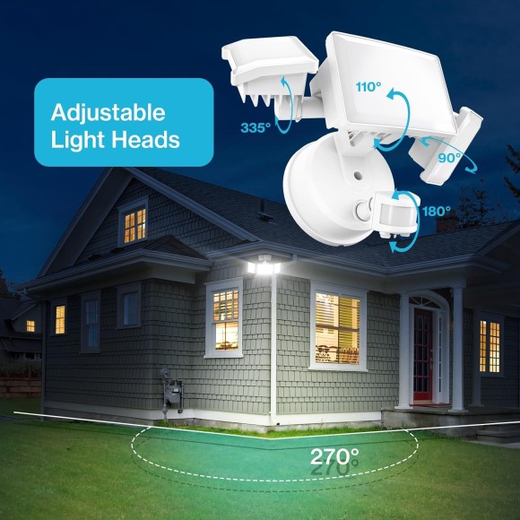 65W Motion Sensor Outdoor Light, 2 Pack LED Security Light 6000LM, 6500K Exterior Motion Flood Light with 3 Adjustable Heads, for Outside Garage, Yard, Patio, IP65 Waterproof, White