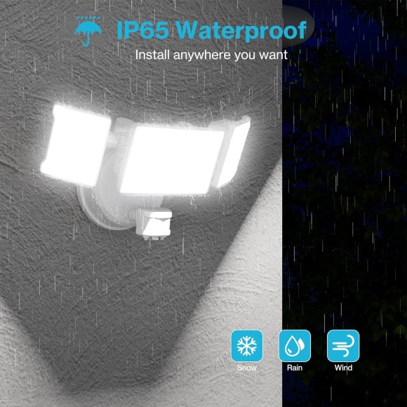 65W Motion Sensor Outdoor Light, 2 Pack LED Security Light 6000LM, 6500K Exterior Motion Flood Light with 3 Adjustable Heads, for Outside Garage, Yard, Patio, IP65 Waterproof, White