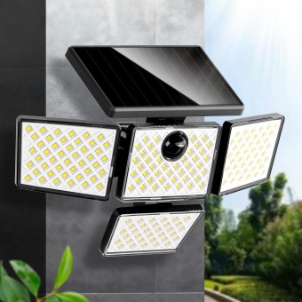 Solar Motion Sensor Lights, LED Security Lights with 4 Heads, IP65 Waterproof Wall Lights, Outdoor Flood Lights with Ground Stake for Garden Pathway Patio Yard, 1 Pack