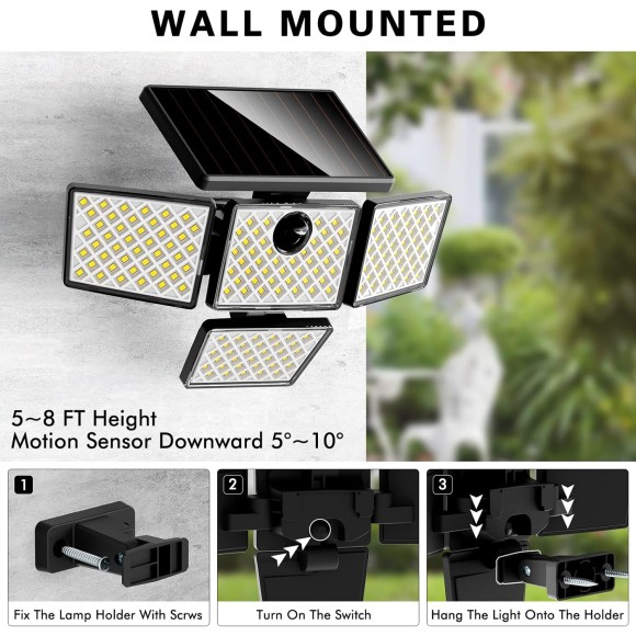Solar Motion Sensor Lights, LED Security Lights with 4 Heads, IP65 Waterproof Wall Lights, Outdoor Flood Lights with Ground Stake for Garden Pathway Patio Yard, 1 Pack
