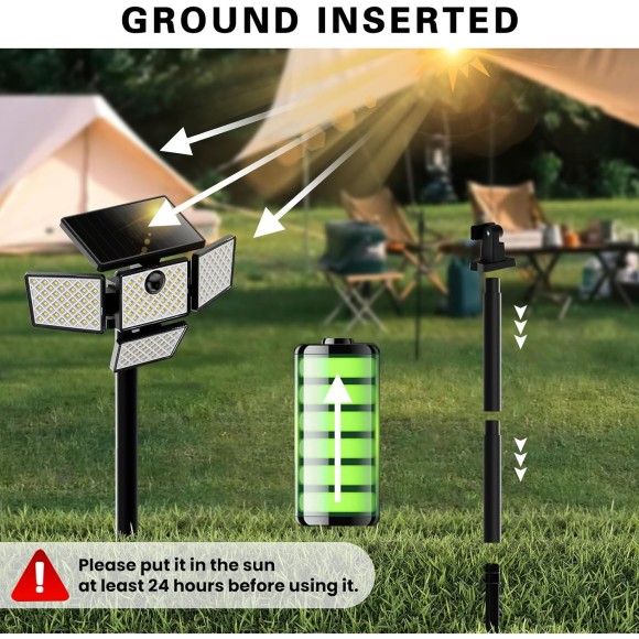 Solar Motion Sensor Lights, LED Security Lights with 4 Heads, IP65 Waterproof Wall Lights, Outdoor Flood Lights with Ground Stake for Garden Pathway Patio Yard, 1 Pack
