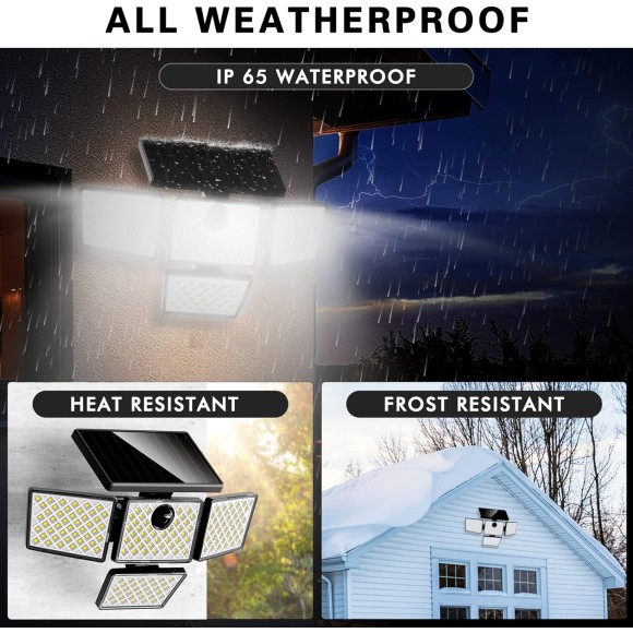 Solar Motion Sensor Lights, LED Security Lights with 4 Heads, IP65 Waterproof Wall Lights, Outdoor Flood Lights with Ground Stake for Garden Pathway Patio Yard, 1 Pack