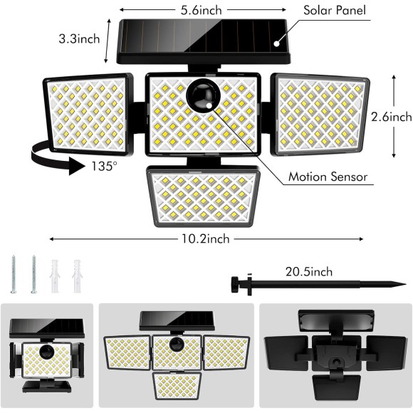 Solar Motion Sensor Lights, LED Security Lights with 4 Heads, IP65 Waterproof Wall Lights, Outdoor Flood Lights with Ground Stake for Garden Pathway Patio Yard, 1 Pack