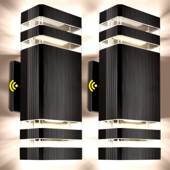 Outdoor Wall Light Dusk to Dawn, Exterior Sconce Light Fixture, Up and Down Porch Light with Aluminum Square and Tempered Glass Cover 3000k 5W 2Pack Black Certificate ETL