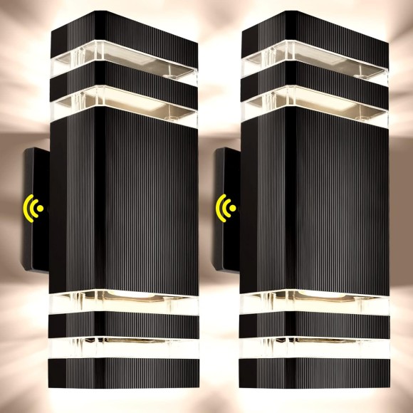 Outdoor Wall Light Dusk to Dawn, Exterior Sconce Light Fixture, Up and Down Porch Light with Aluminum Square and Tempered Glass Cover 3000k 5W 2Pack Black Certificate ETL