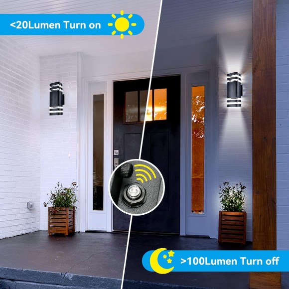 Outdoor Wall Light Dusk to Dawn, Exterior Sconce Light Fixture, Up and Down Porch Light with Aluminum Square and Tempered Glass Cover 3000k 5W 2Pack Black Certificate ETL