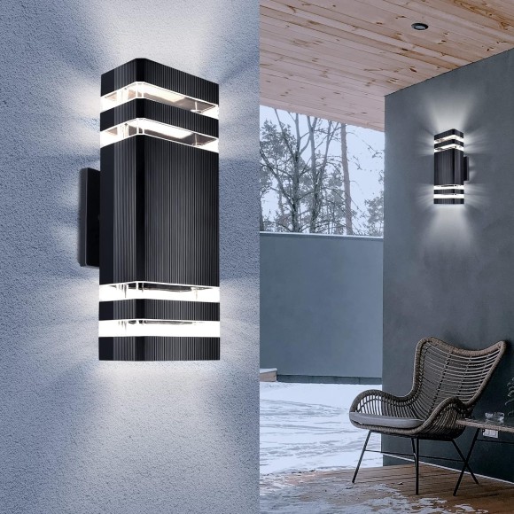 Outdoor Wall Light Dusk to Dawn, Exterior Sconce Light Fixture, Up and Down Porch Light with Aluminum Square and Tempered Glass Cover 3000k 5W 2Pack Black Certificate ETL