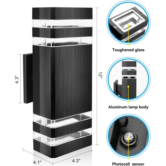 Outdoor Wall Light Dusk to Dawn, Exterior Sconce Light Fixture, Up and Down Porch Light with Aluminum Square and Tempered Glass Cover 3000k 5W 2Pack Black Certificate ETL