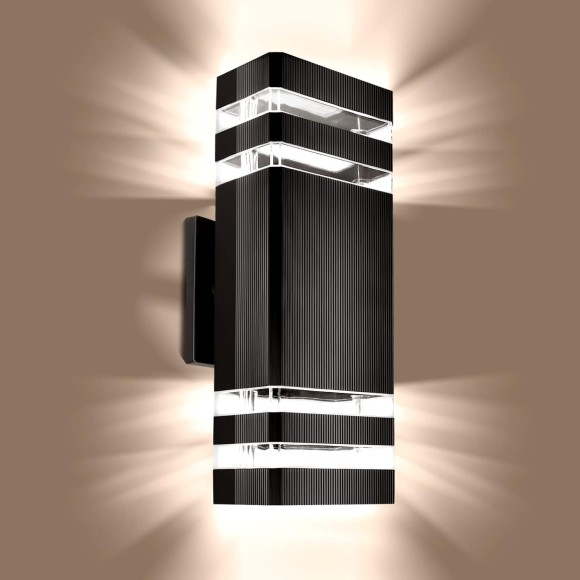 Outdoor Wall Light Dusk to Dawn, Exterior Sconce Light Fixture, Up and Down Porch Light with Aluminum Square and Tempered Glass Cover 3000k 5W 2Pack Black Certificate ETL