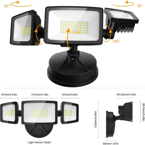 3 Packs 60W Flood Lights Outdoor, 6000LM Super Bright Security Lights,Switch Controlled, IP65 Waterproof, 6500K Exterior LED Flood Light with 3 Adjustable Heads for Garden Yard Home