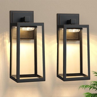 2-Pack Outdoor Wall Light Fixtures, Waterproof Exterior Wall Sconces with 3 Colors Adjustable, Black Wall Lanterns with Glass Shade, LED Porch Lights Wall Mounted for Garage Patio Hallway Front Door