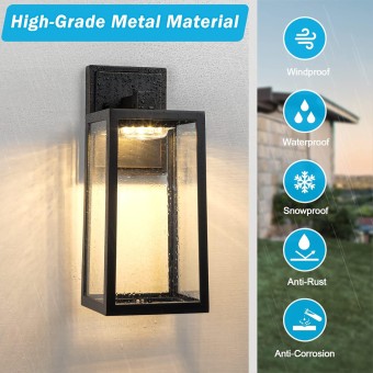 2-Pack Outdoor Wall Light Fixtures, Waterproof Exterior Wall Sconces with 3 Colors Adjustable, Black Wall Lanterns with Glass Shade, LED Porch Lights Wall Mounted for Garage Patio Hallway Front Door