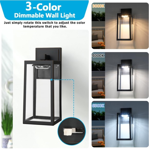 2-Pack Outdoor Wall Light Fixtures, Waterproof Exterior Wall Sconces with 3 Colors Adjustable, Black Wall Lanterns with Glass Shade, LED Porch Lights Wall Mounted for Garage Patio Hallway Front Door