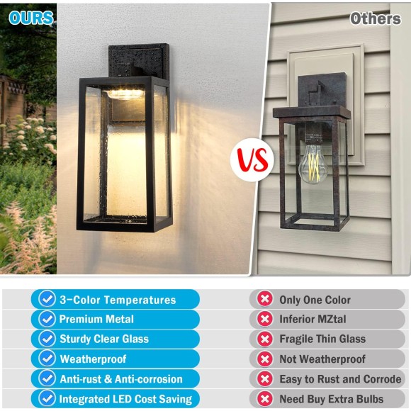 2-Pack Outdoor Wall Light Fixtures, Waterproof Exterior Wall Sconces with 3 Colors Adjustable, Black Wall Lanterns with Glass Shade, LED Porch Lights Wall Mounted for Garage Patio Hallway Front Door