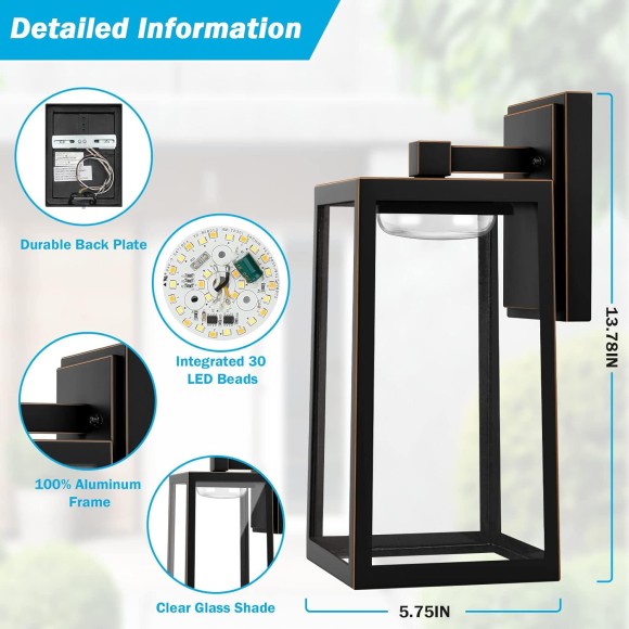 2-Pack Outdoor Wall Light Fixtures, Waterproof Exterior Wall Sconces with 3 Colors Adjustable, Black Wall Lanterns with Glass Shade, LED Porch Lights Wall Mounted for Garage Patio Hallway Front Door
