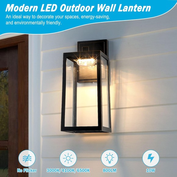 2-Pack Outdoor Wall Light Fixtures, Waterproof Exterior Wall Sconces with 3 Colors Adjustable, Black Wall Lanterns with Glass Shade, LED Porch Lights Wall Mounted for Garage Patio Hallway Front Door