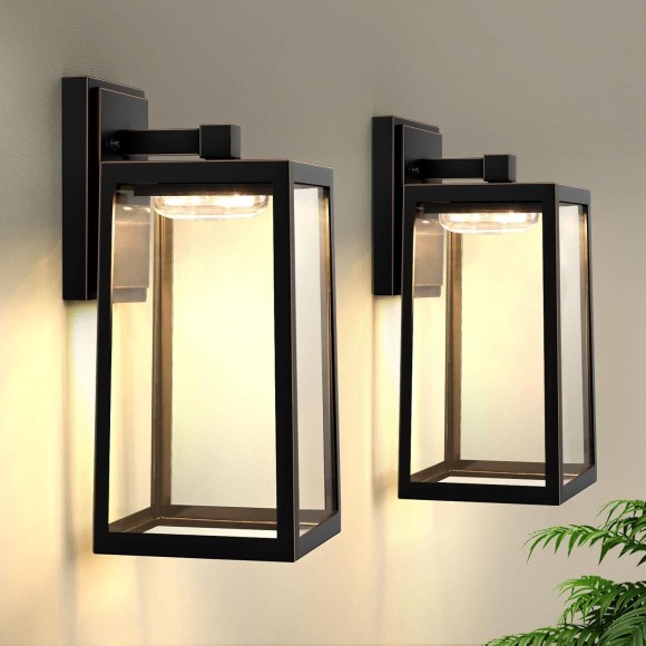 2-Pack Outdoor Wall Light Fixtures, Waterproof Exterior Wall Sconces with 3 Colors Adjustable, Black Wall Lanterns with Glass Shade, LED Porch Lights Wall Mounted for Garage Patio Hallway Front Door
