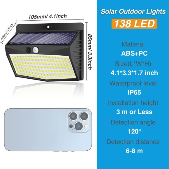 Solar Outdoor Lights, [138 LED/5 Packs] Solar Motion Sensor Security Lights with 3 Lighting Modes Solar Wall Lights Waterproof Solar Powered Lights for Garden Fence Yard Deck Garage