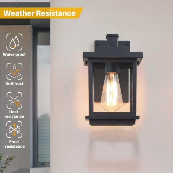 Black Outdoor Wall Lantern Lights Fixture, Farmhouse Exterior Waterproof Square Wall Mounted Sconce with Clear Glass, Anti-Rust Modern Porch Light Fixtures for Patio, Yard, Garage, Front Door