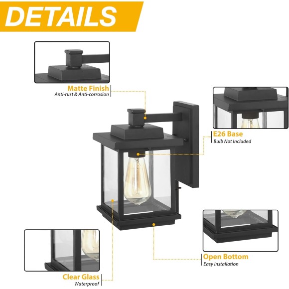 Black Outdoor Wall Lantern Lights Fixture, Farmhouse Exterior Waterproof Square Wall Mounted Sconce with Clear Glass, Anti-Rust Modern Porch Light Fixtures for Patio, Yard, Garage, Front Door