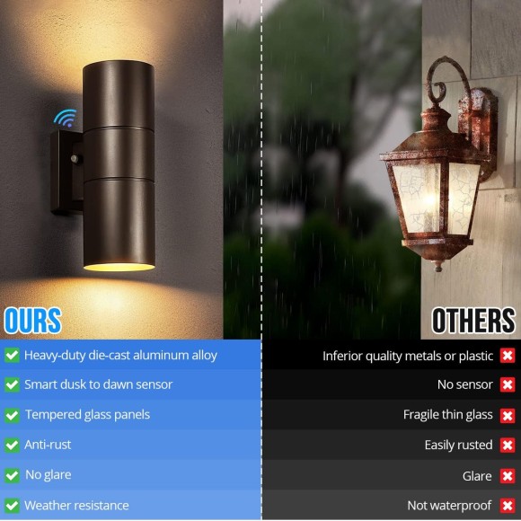 Modern Outdoor Wall Light with Sensor 2 Pack, LED Cylinder Up Down Wall Light Outdoor 2700K Warmlight Bronze Exterior Light Fixture, IP65 Waterproof Wall Sconce for Porch Garage