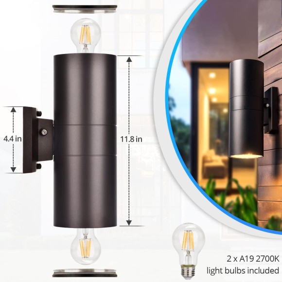 Modern Outdoor Wall Light with Sensor 2 Pack, LED Cylinder Up Down Wall Light Outdoor 2700K Warmlight Bronze Exterior Light Fixture, IP65 Waterproof Wall Sconce for Porch Garage