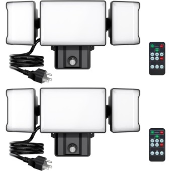 60W Plug in Flood Lights Outdoor Lighting, IP65 Waterproof LED Security Light with Remote Control, 6000LM, 6500K Flood Light for Yard Garage 2 Pack Black