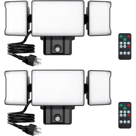 60W Plug in Flood Lights Outdoor Lighting, IP65 Waterproof LED Security Light with Remote Control, 6000LM, 6500K Flood Light for Yard Garage 2 Pack Black