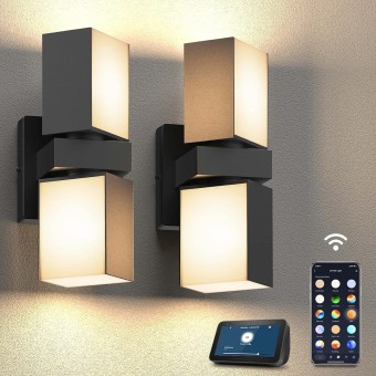 Outdoor Wall Lights, 1400LM Smart RGBCW Porch Lights Outdoor Exterior House LED Wall Lighting, WiFi APP Control, Compatible with Alexa, Adjustable Dual-Head IP65 Waterproof Wall Sconces (2PK)