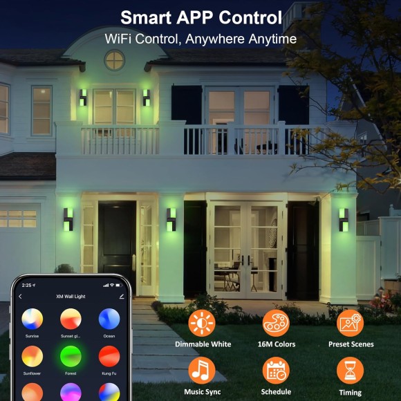 Outdoor Wall Lights, 1400LM Smart RGBCW Porch Lights Outdoor Exterior House LED Wall Lighting, WiFi APP Control, Compatible with Alexa, Adjustable Dual-Head IP65 Waterproof Wall Sconces (2PK)