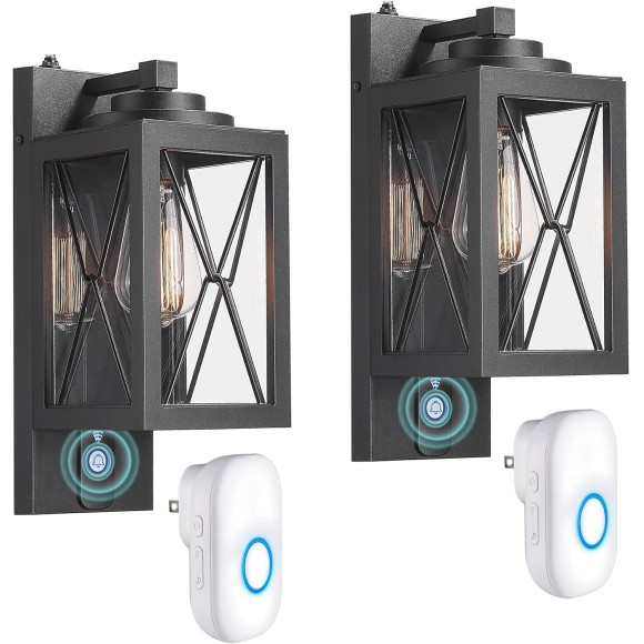 Outdoor Sconce Wall Lighting 2 Pack, Outdoor Lighting, Exterior Wall Mounted Light Fixtures with Doorbell for Porch Patio, Matte Black with Clear Glass Shade, 5HW70B2-PC-D BK