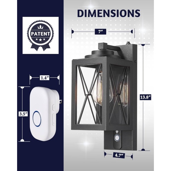 Outdoor Sconce Wall Lighting 2 Pack, Outdoor Lighting, Exterior Wall Mounted Light Fixtures with Doorbell for Porch Patio, Matte Black with Clear Glass Shade, 5HW70B2-PC-D BK