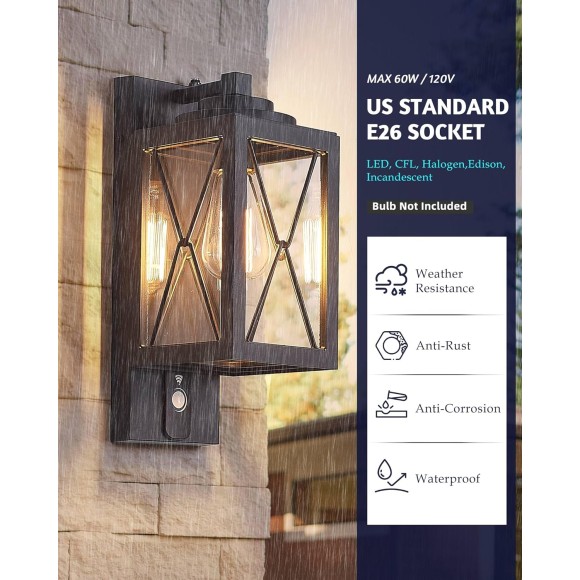 Outdoor Sconce Wall Lighting 2 Pack, Outdoor Lighting, Exterior Wall Mounted Light Fixtures with Doorbell for Porch Patio, Matte Black with Clear Glass Shade, 5HW70B2-PC-D BK