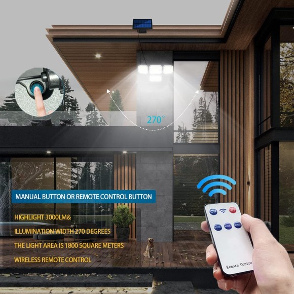 Solar Outdoor Lights 2 Motion Sensor, 4 Head 3000LM 296 LED Solar IP65 Waterproof Security Flood Lights with Remote Control, 270°Wide Angle 3 Modes Flood Lights Outdoor with 16.4ft Cable