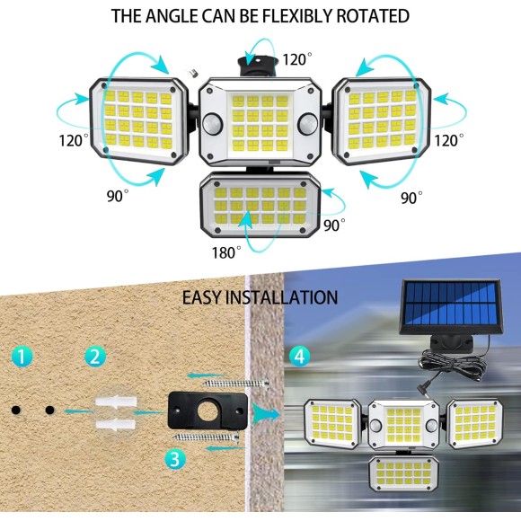 Solar Outdoor Lights 2 Motion Sensor, 4 Head 3000LM 296 LED Solar IP65 Waterproof Security Flood Lights with Remote Control, 270°Wide Angle 3 Modes Flood Lights Outdoor with 16.4ft Cable