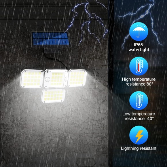 Solar Outdoor Lights 2 Motion Sensor, 4 Head 3000LM 296 LED Solar IP65 Waterproof Security Flood Lights with Remote Control, 270°Wide Angle 3 Modes Flood Lights Outdoor with 16.4ft Cable