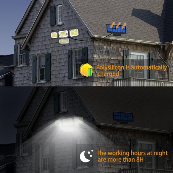 Solar Outdoor Lights 2 Motion Sensor, 4 Head 3000LM 296 LED Solar IP65 Waterproof Security Flood Lights with Remote Control, 270°Wide Angle 3 Modes Flood Lights Outdoor with 16.4ft Cable