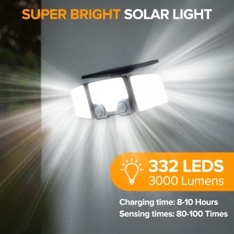 Solar Outdoor Lights 332 LED 7000K, Super Bright Motion Sensor Outdoor Lights with 2 Sensors, IP65 Waterproof 270 Wide Angle Solar Flood Lights with 3 Modes for Garden Patio Yard - 2 Pack