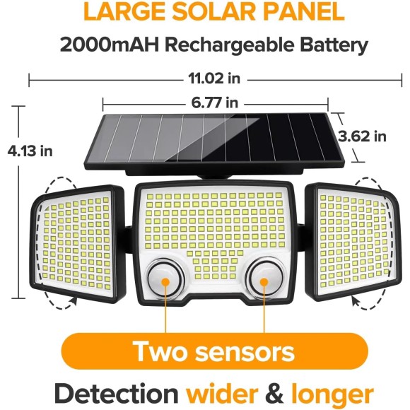 Solar Outdoor Lights 332 LED 7000K, Super Bright Motion Sensor Outdoor Lights with 2 Sensors, IP65 Waterproof 270 Wide Angle Solar Flood Lights with 3 Modes for Garden Patio Yard - 2 Pack