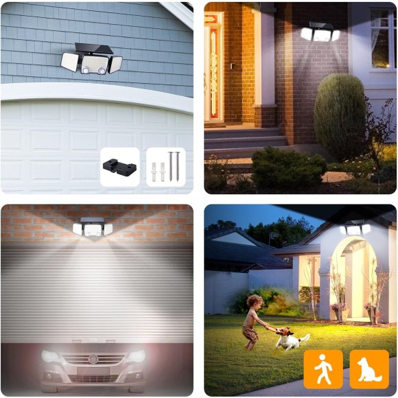 Solar Outdoor Lights 332 LED 7000K, Super Bright Motion Sensor Outdoor Lights with 2 Sensors, IP65 Waterproof 270 Wide Angle Solar Flood Lights with 3 Modes for Garden Patio Yard - 2 Pack