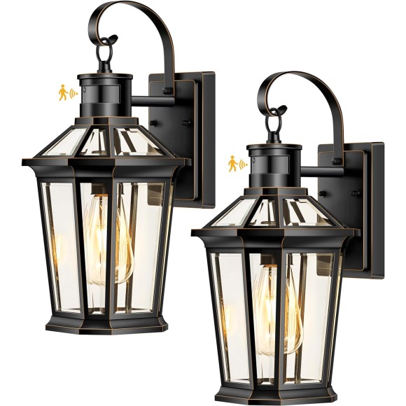 Motion Sensor Outdoor Wall Lights, Exterior Light Fixture Wall Mount for House Front Porch Light, Black Anti-rust Aluminium Modern Outdoor Wall Sconce Lantern for Garage 2 Pack
