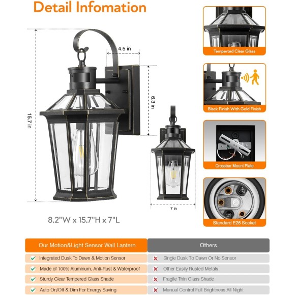 Motion Sensor Outdoor Wall Lights, Exterior Light Fixture Wall Mount for House Front Porch Light, Black Anti-rust Aluminium Modern Outdoor Wall Sconce Lantern for Garage 2 Pack