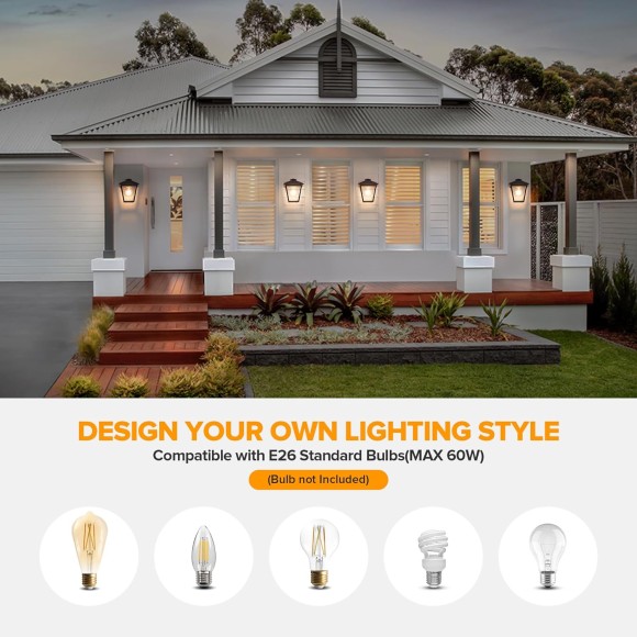 Outdoor Wall Light Fixtures, Exterior Waterproof Wall Sconce Light Fixtures, Anti-Rust E26 Socket Wall Lantern Porch Lights with Seeded Glass, Wall Mounted Black Outdoor Lights for House, 2 Pack