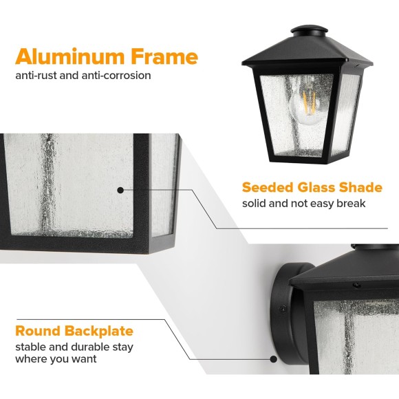 Outdoor Wall Light Fixtures, Exterior Waterproof Wall Sconce Light Fixtures, Anti-Rust E26 Socket Wall Lantern Porch Lights with Seeded Glass, Wall Mounted Black Outdoor Lights for House, 2 Pack